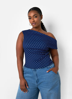 Bonnie Polka Dot Asymmetrical Top - Navy & White