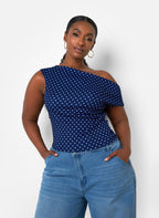 Bonnie Polka Dot Asymmetrical Top - Navy & White