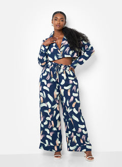 Nina Raw Hem Printed Wide Leg Pants - Navy