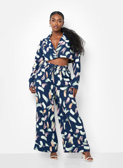 Nina Raw Hem Printed Wide Leg Pants - Navy