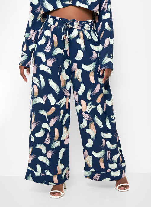 Nina Raw Hem Printed Wide Leg Pants - Navy