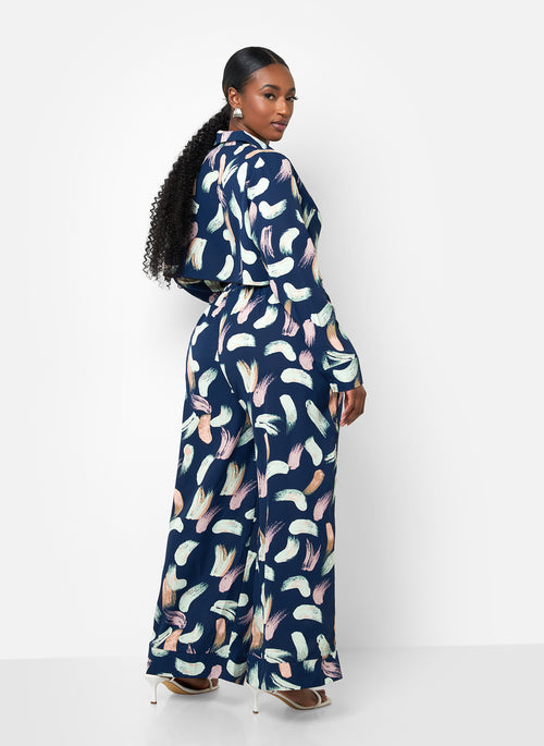 Nina Raw Hem Printed Wide Leg Pants - Navy