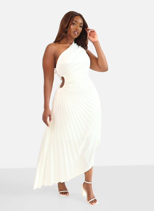 Calla Lily Satin Pleated Midi Shift Dress