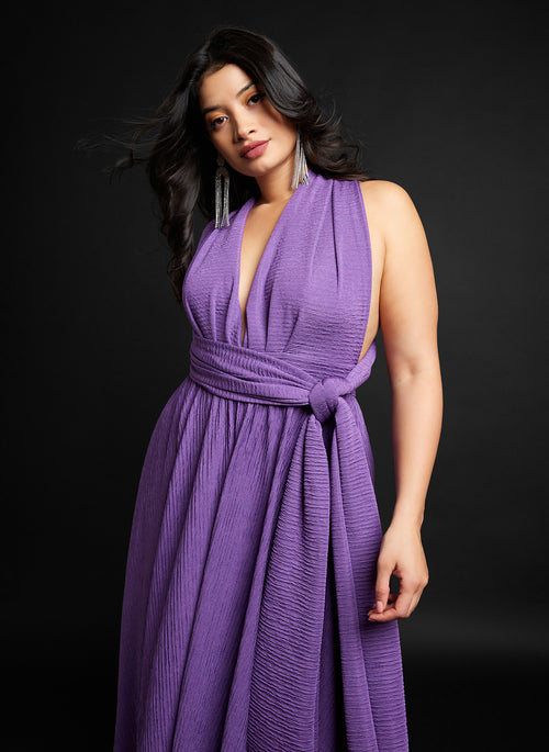 Capricorn Textured V Neck Midi A Line Dress - Violet