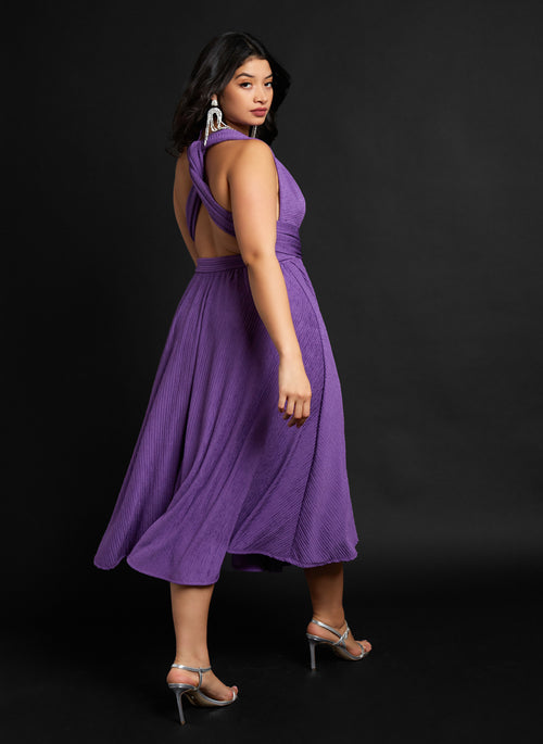 Capricorn Textured V Neck Midi A Line Dress - Violet