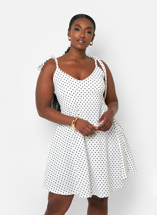 Cassidy Polka Dot Tie Strap Miini A Line Dress - White & Black