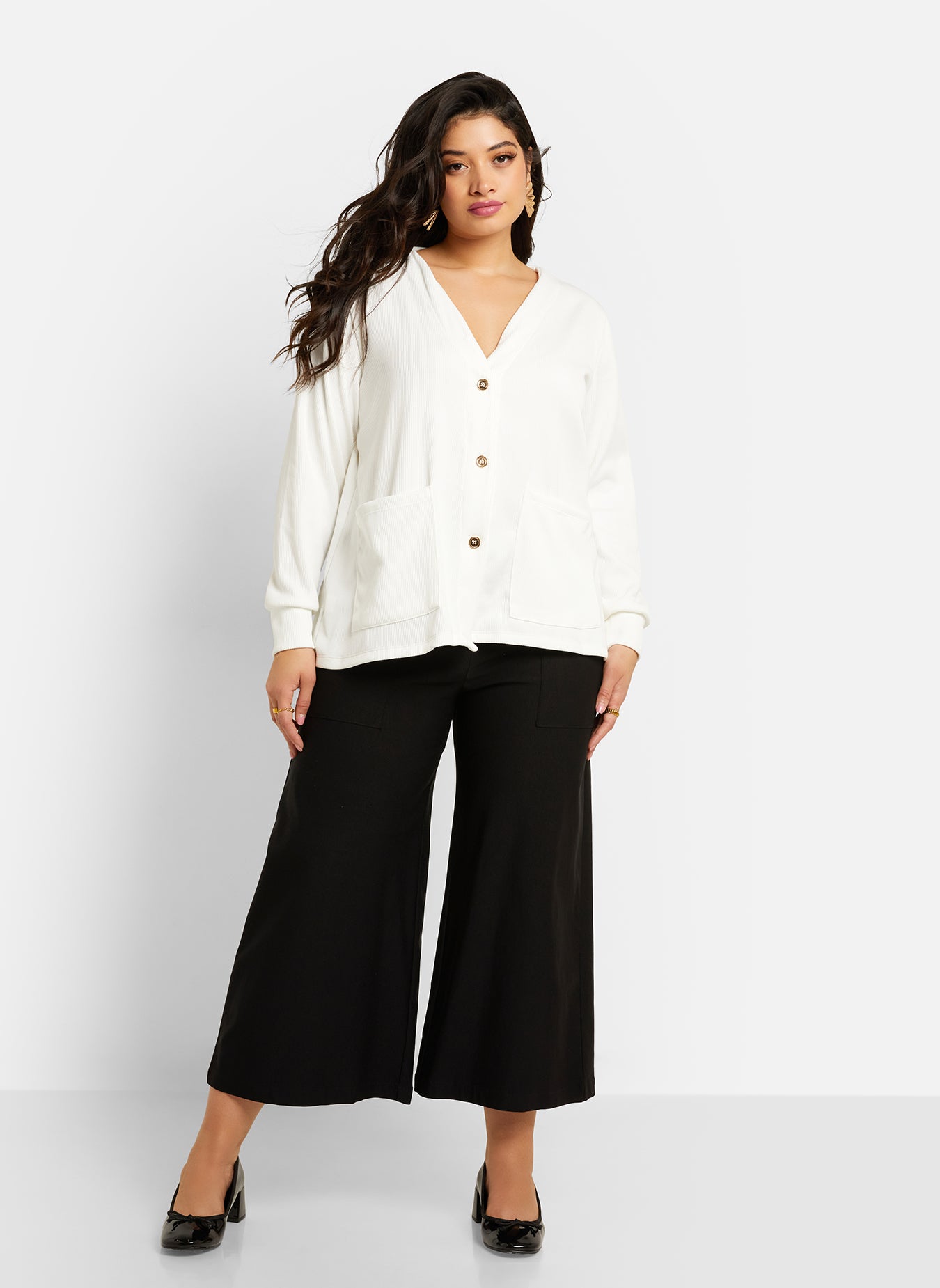 Christina Ribbed Oversized Button Front Sweater - White