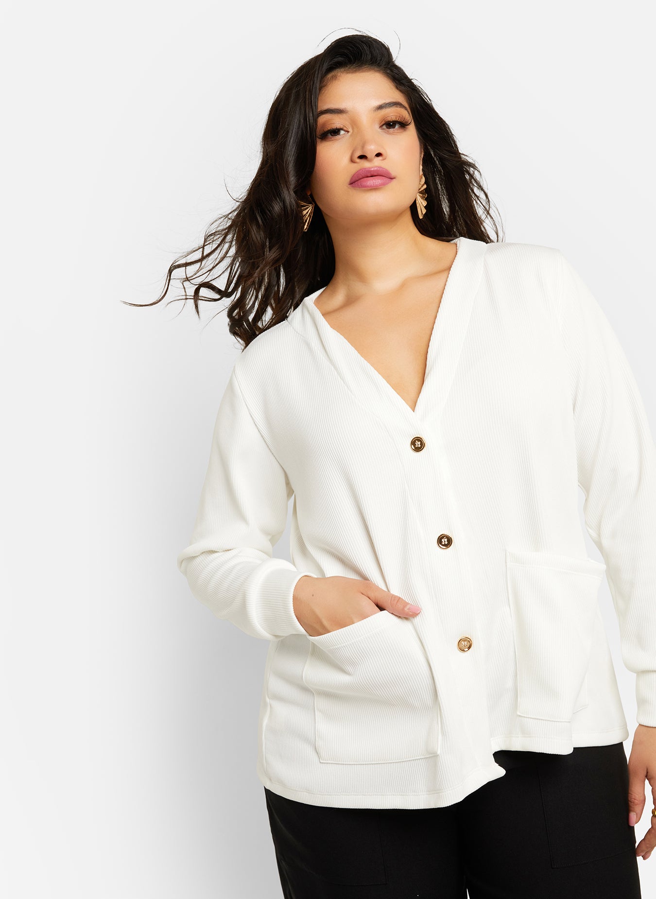Christina Ribbed Oversized Button Front Sweater - White