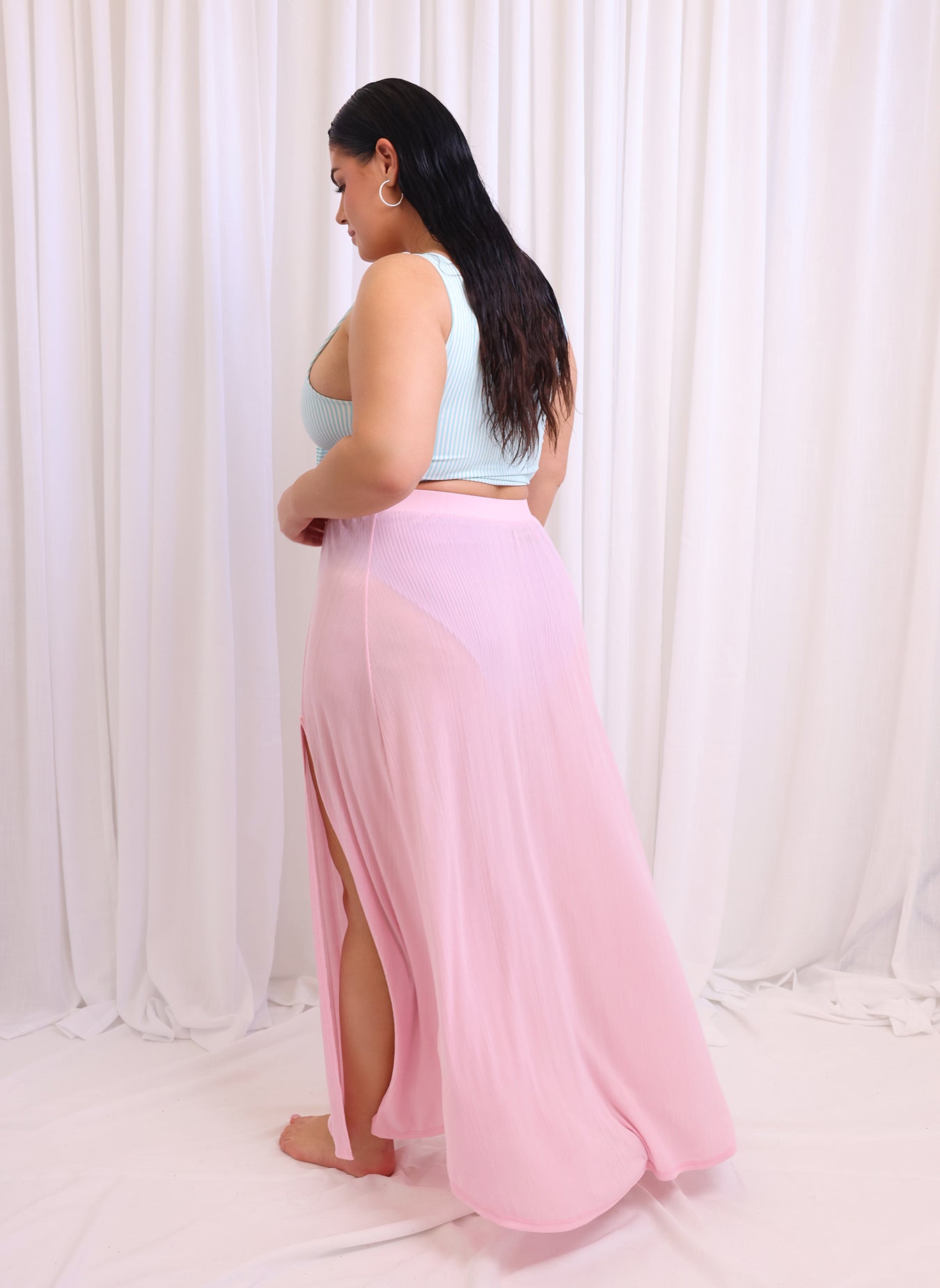 Mila Slinky Thigh Slit Maxi A Line Skirt - Light Pink