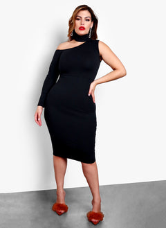 Cold Shoulder Single Sleeve Bodycon Midi Dress