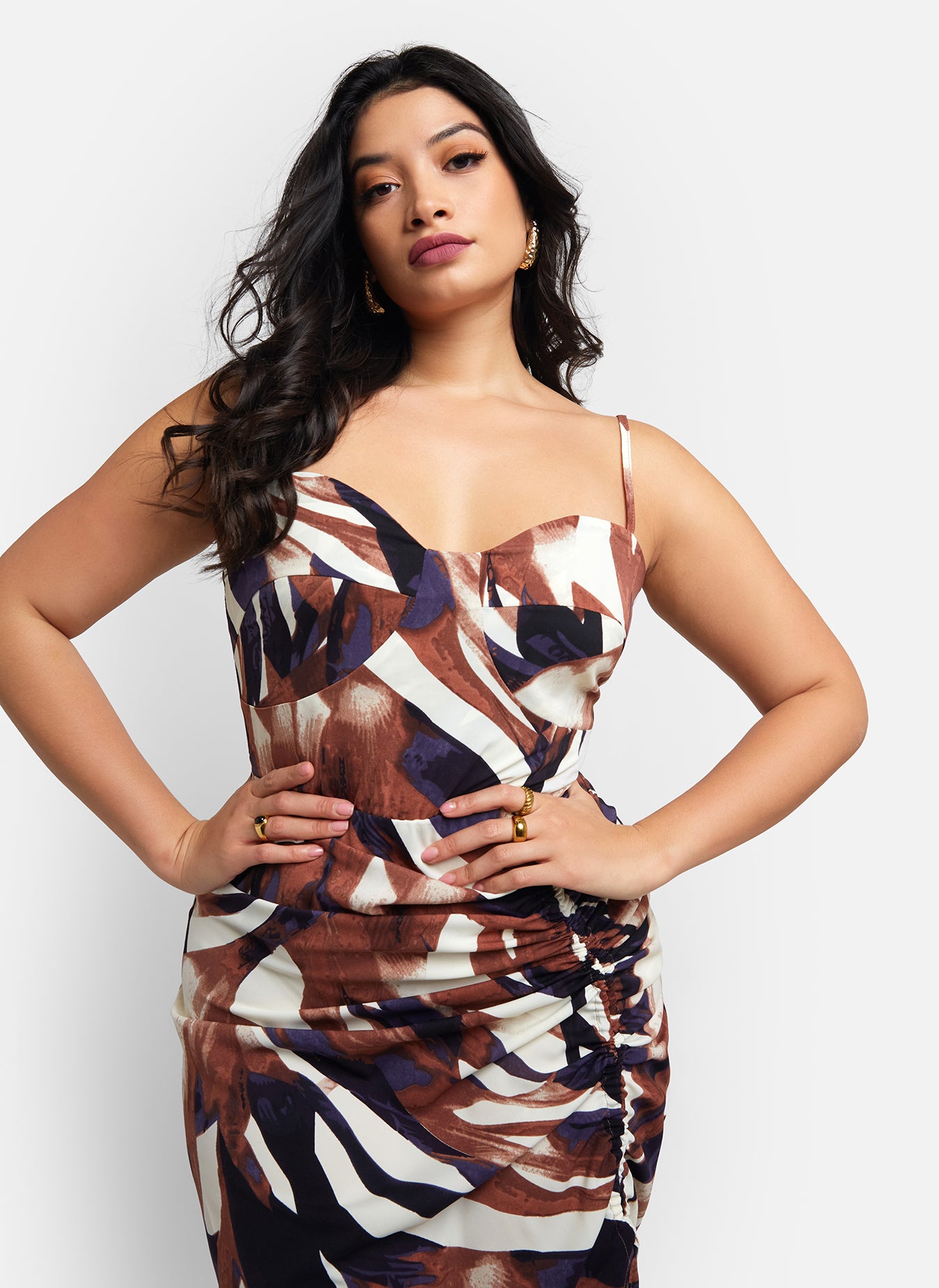 Colette Abstract Print Adjustable Ruched Midi Bodycon Dress