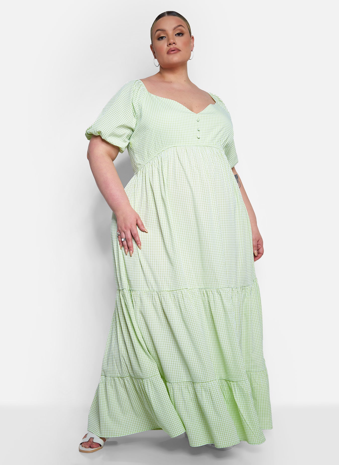 Corinne Puff Short Sleeve Tiered Maxi Dress - Lime Green