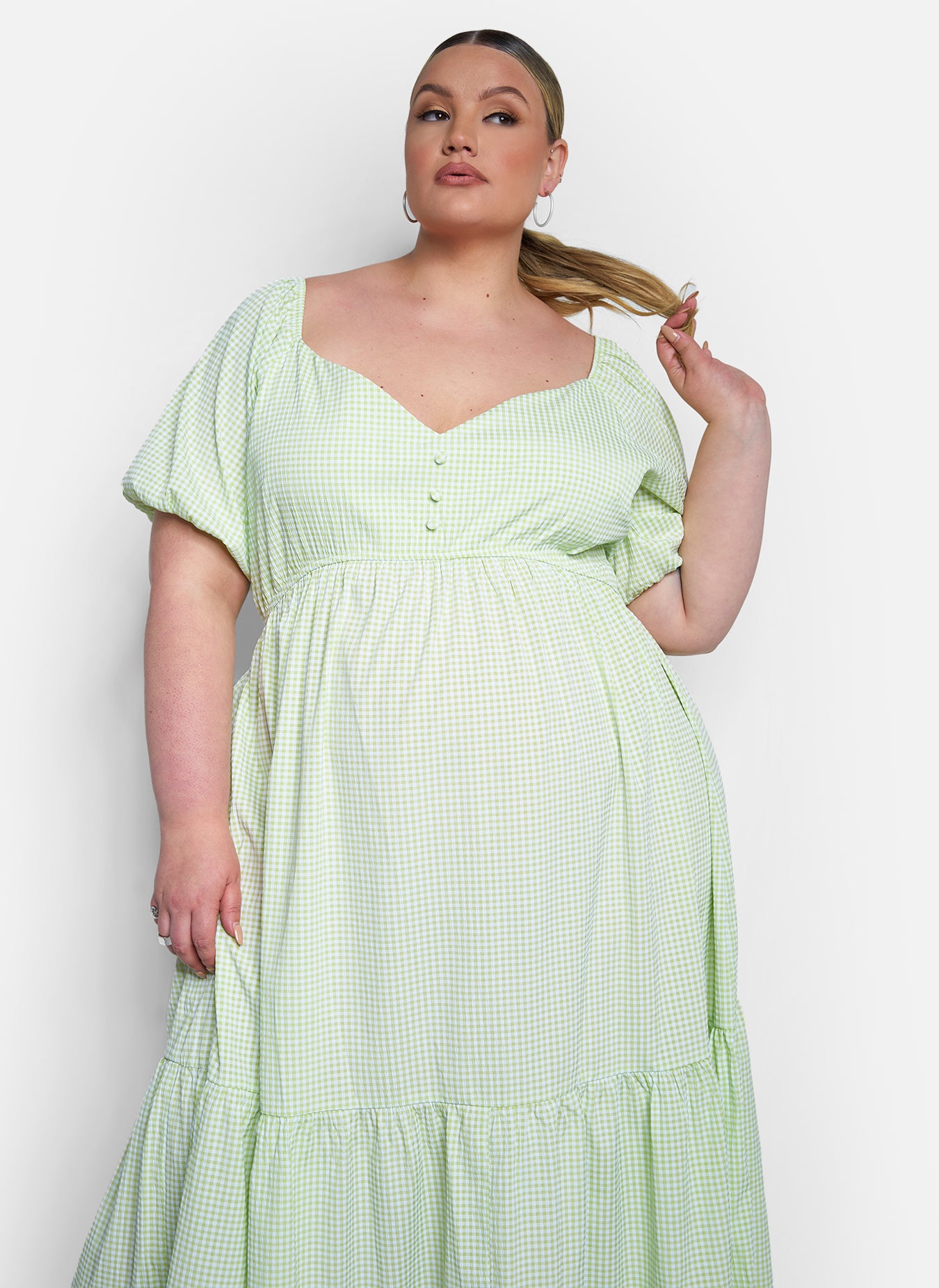 Corinne Puff Short Sleeve Tiered Maxi Dress - Lime Green