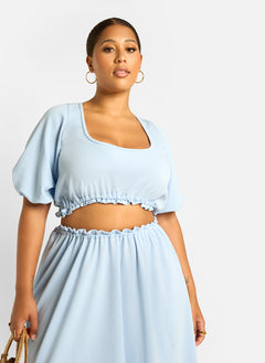 Cyan Puff Sleeve Crop Top - Baby Blue