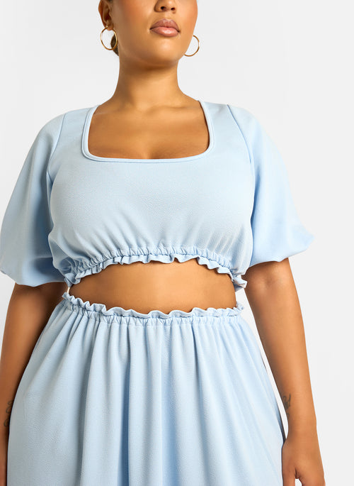 Cyan Puff Sleeve Crop Top - Baby Blue