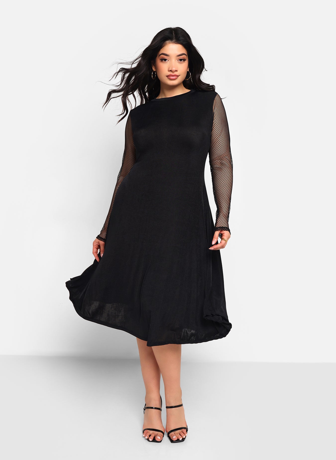 Delphine Fishnet Sleeve Midi A Line Dress
