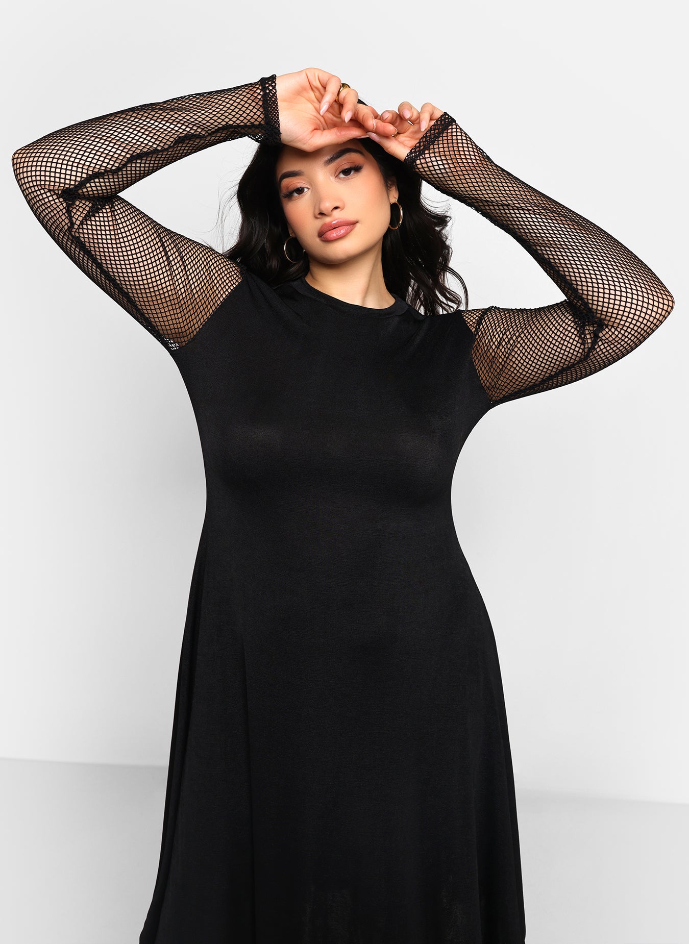 Delphine Fishnet Sleeve Midi A Line Dress