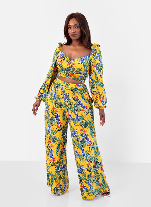 Destiny Tropical Print Puff Sleeve Crop Top