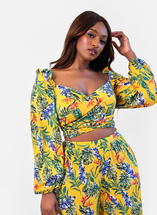 Destiny Tropical Print Puff Sleeve Crop Top