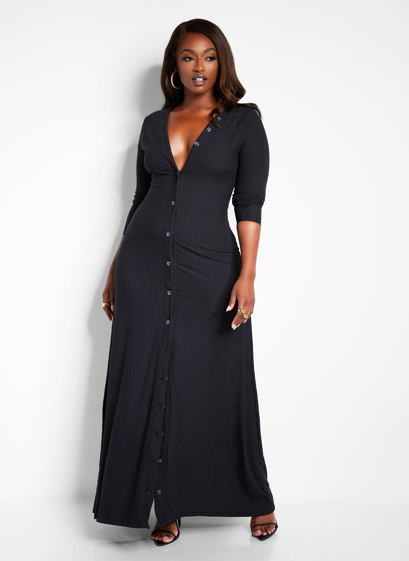 Devoted Ribbed Button Front Maxi A Line Dress - Black