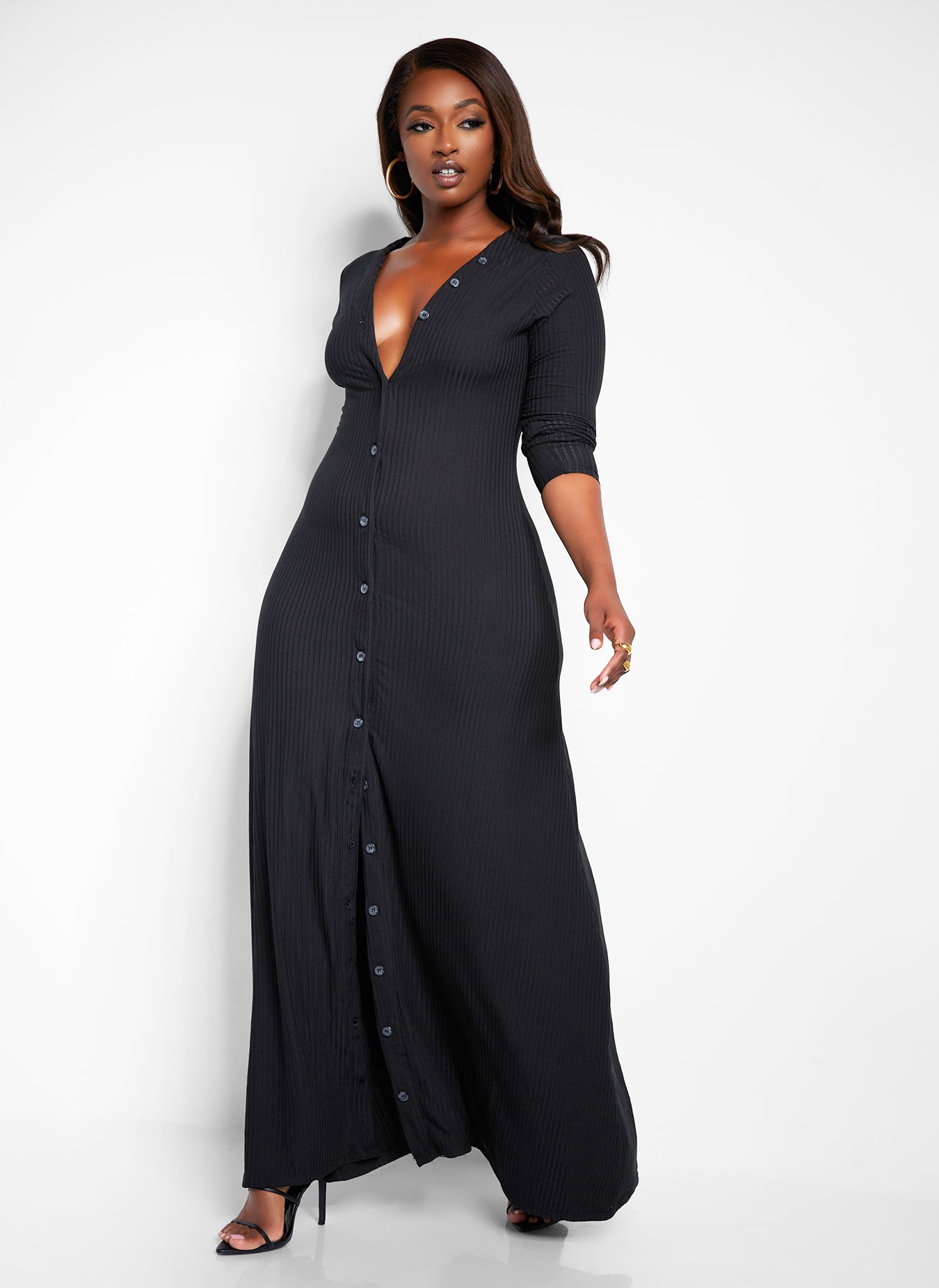 Devoted Ribbed Button Front Maxi A Line Dress - Black
