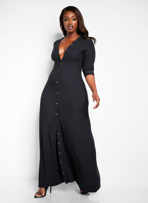 Devoted Ribbed Button Front Maxi A Line Dress - Black