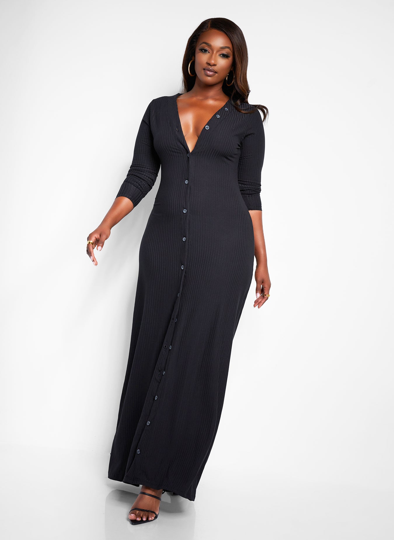 Devoted Ribbed Button Front Maxi A Line Dress - Black