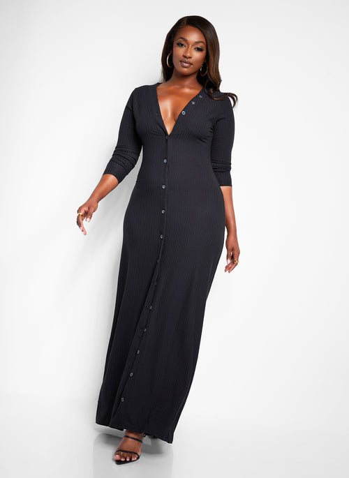 Devoted Ribbed Button Front Maxi A Line Dress - Black