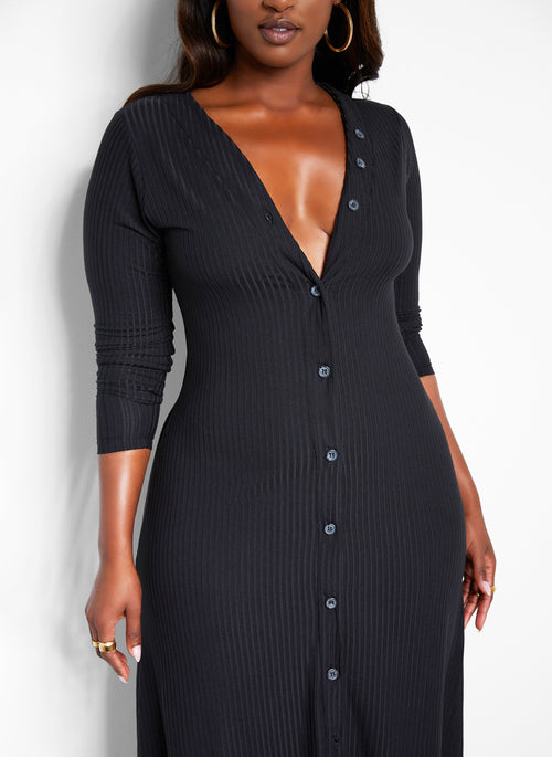 Devoted Ribbed Button Front Maxi A Line Dress - Black