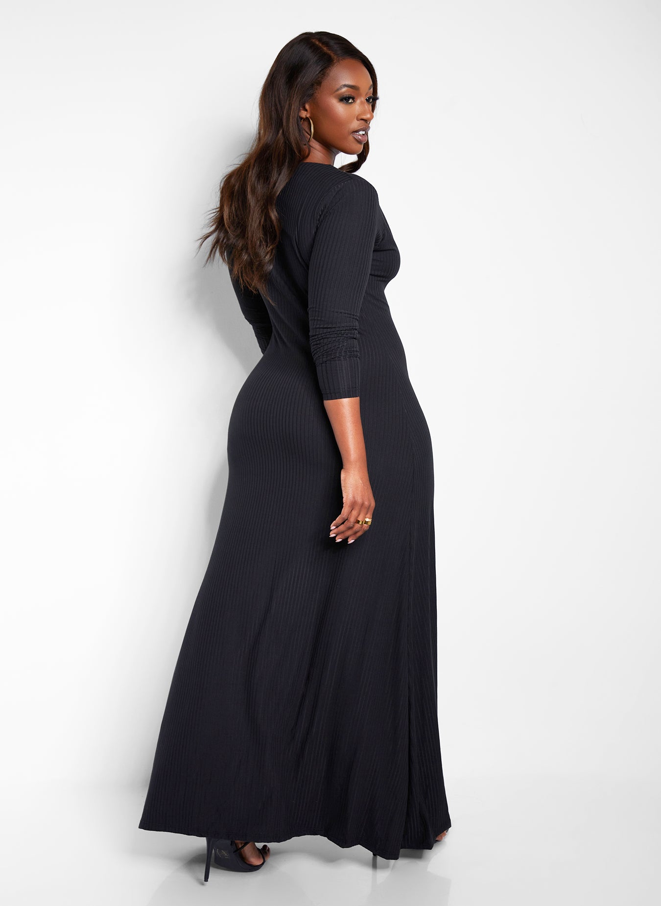 Devoted Ribbed Button Front Maxi A Line Dress - Black