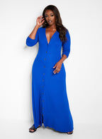 Devoted Ribbed Button Front Maxi A Line Dress - Royal Blue