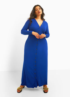 Devoted Ribbed Button Front Maxi A Line Dress - Royal Blue