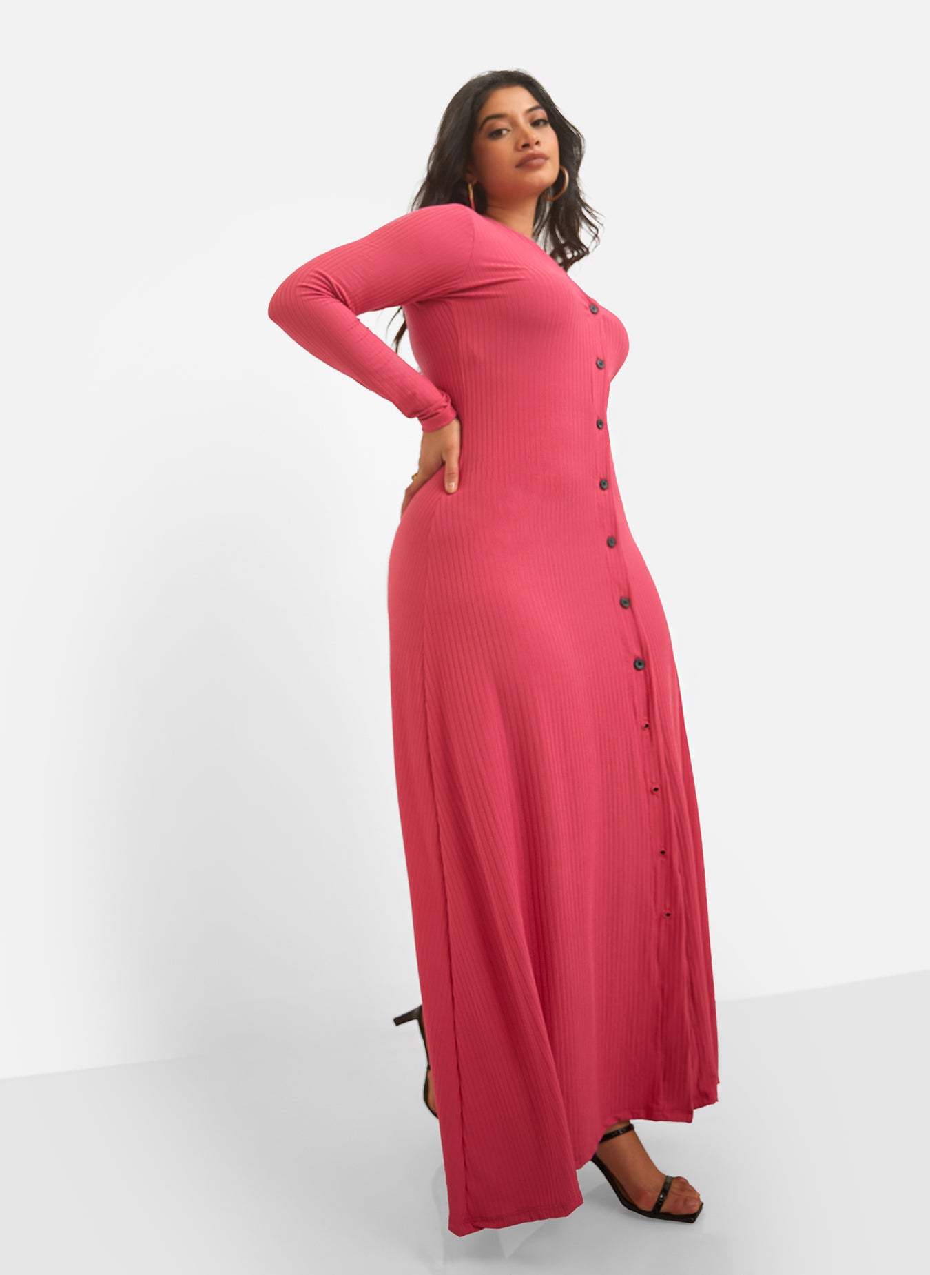 Devoted Ribbed Button Front Maxi A Line Dress