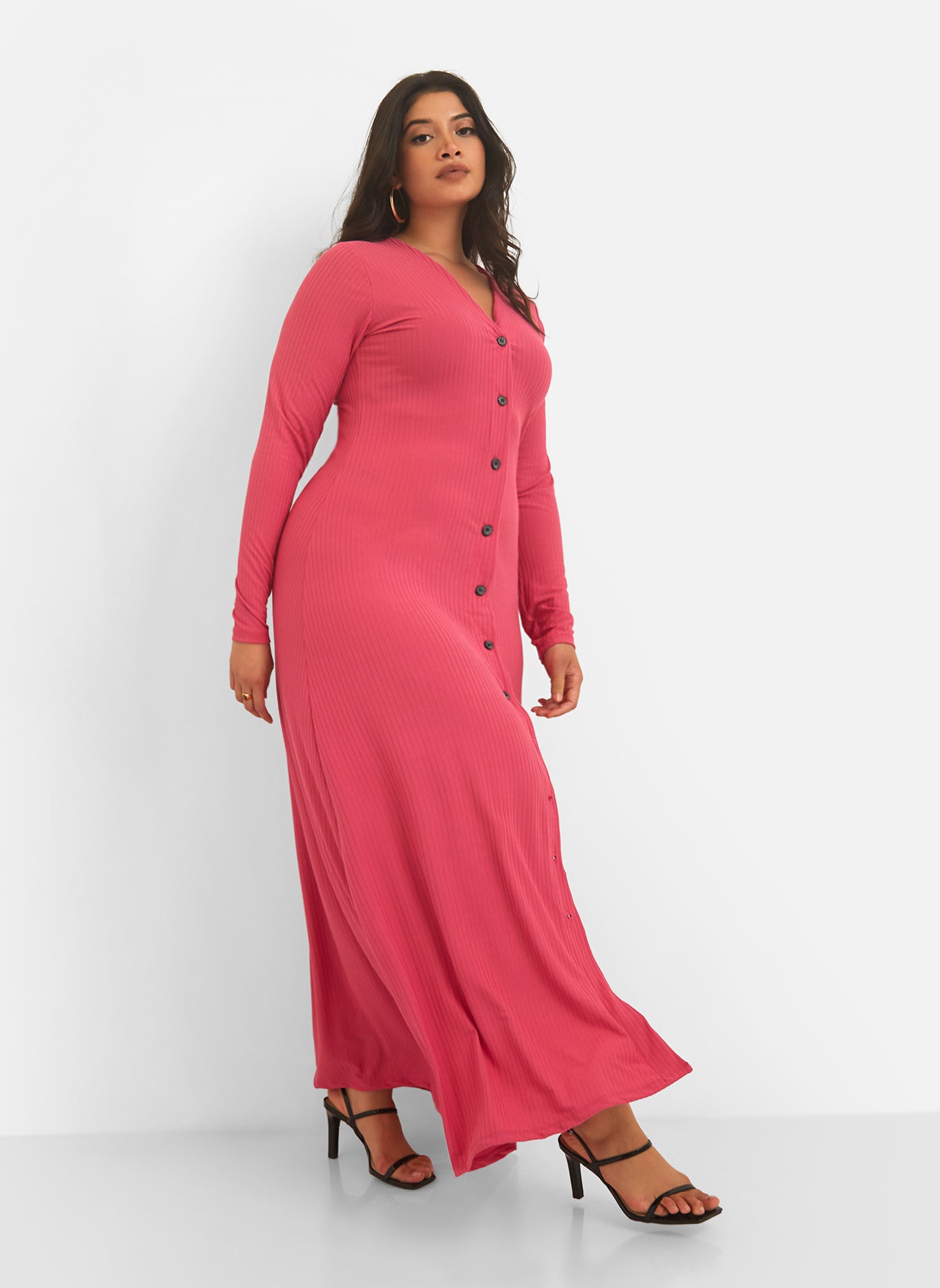 Devoted Ribbed Button Front Maxi A Line Dress