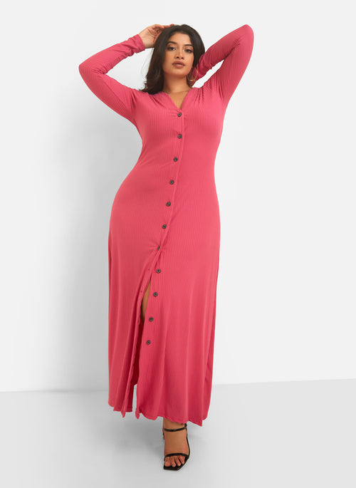 Devoted Ribbed Button Front Maxi A Line Dress