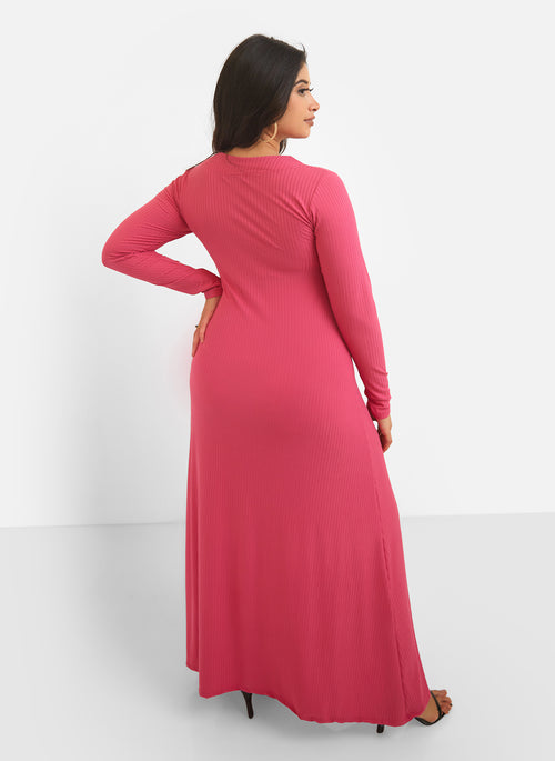 Devoted Ribbed Button Front Maxi A Line Dress