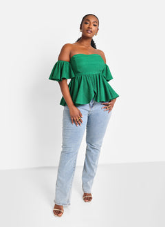 Dina Textured Off Shoulder Peplum Top - Pine Green