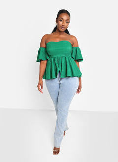 Dina Textured Off Shoulder Peplum Top - Pine Green