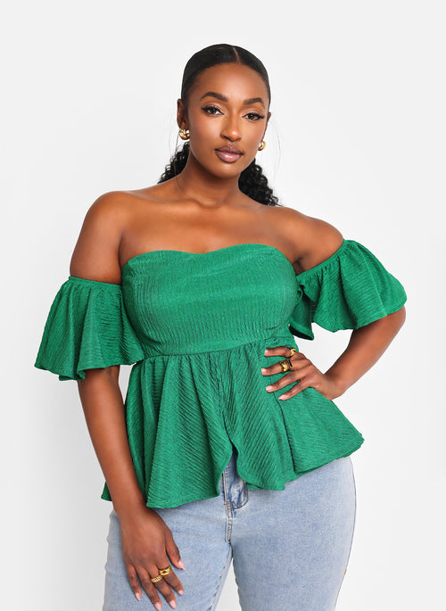 Dina Textured Off Shoulder Peplum Top - Pine Green