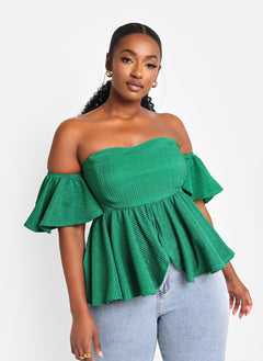 Dina Textured Off Shoulder Peplum Top - Pine Green