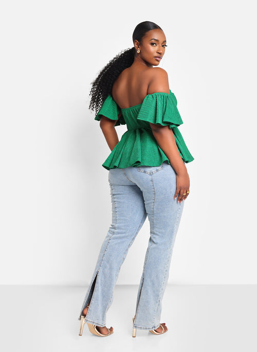 Dina Textured Off Shoulder Peplum Top - Pine Green