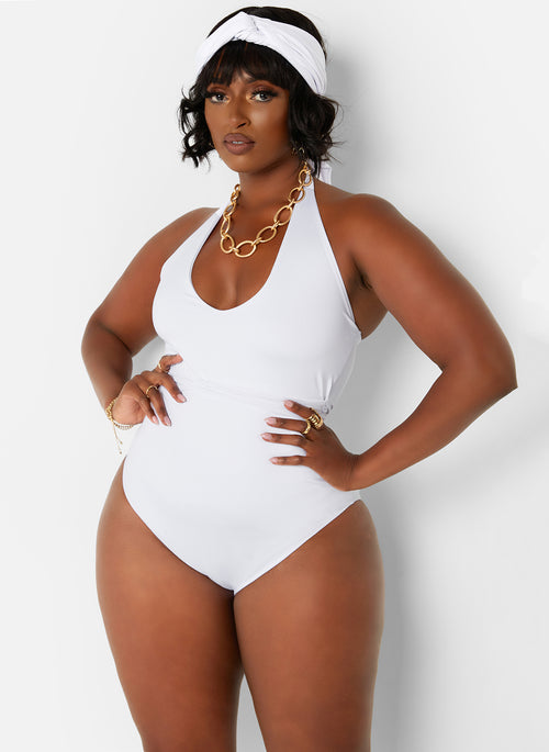 Down The Road Wrap Around V-Neck Swimsuit w. Turban
