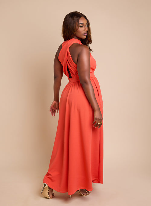 Eleanor Keyhole Skater Maxi Dress w. Pockets - Coral