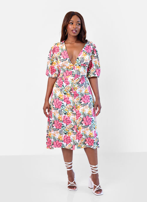 Elena Tropical Print A-Line Midi Dress