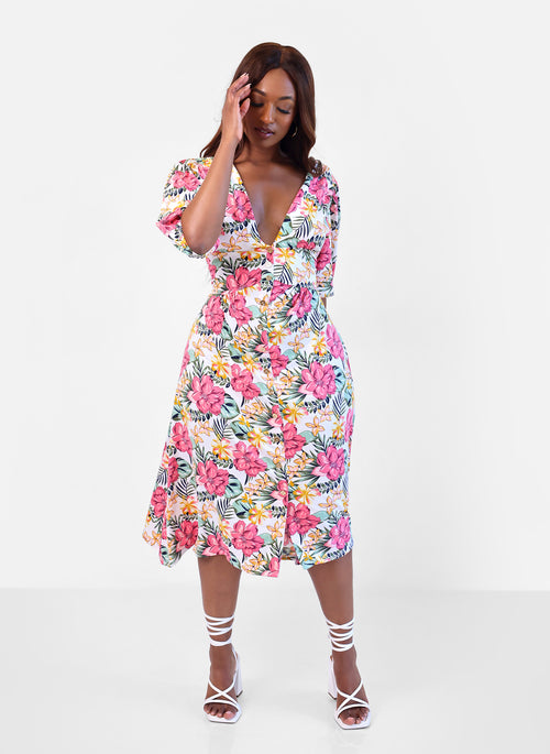 Elena Tropical Print A-Line Midi Dress