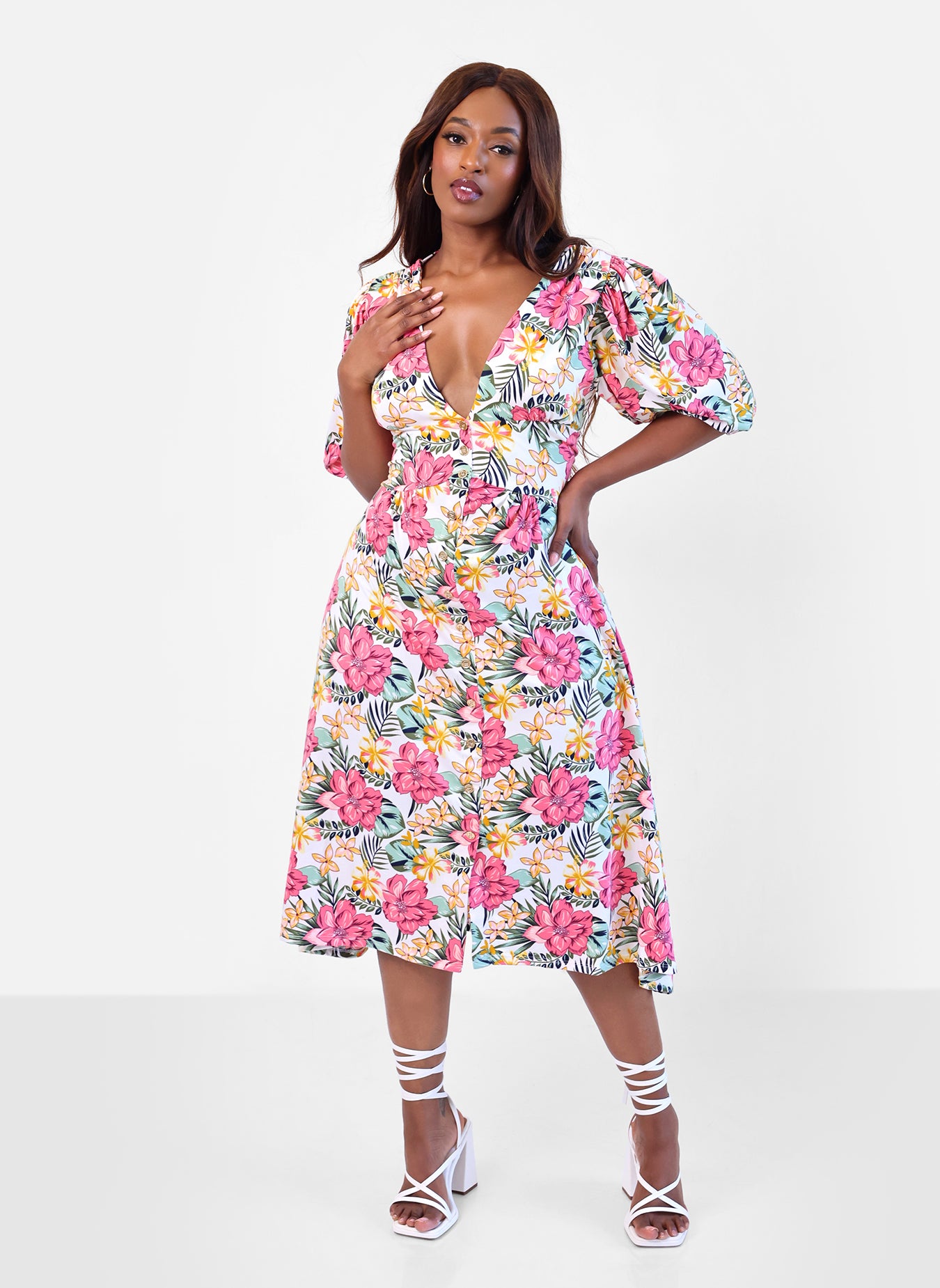 Elena Tropical Print A-Line Midi Dress