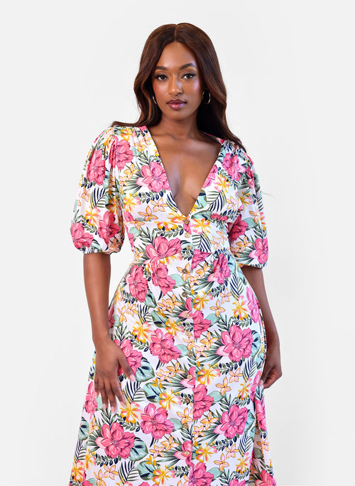 Elena Tropical Print A-Line Midi Dress