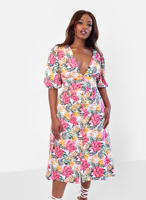 Elena Tropical Print A-Line Midi Dress