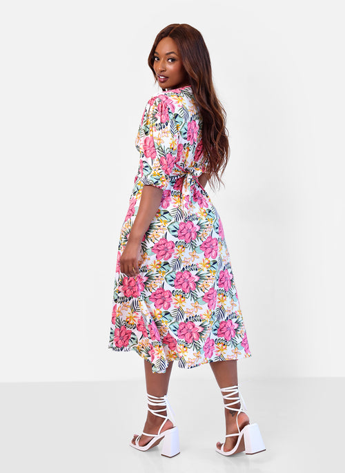 Elena Tropical Print A-Line Midi Dress