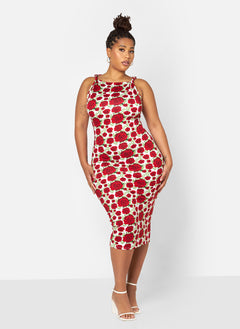 Ella Floral Knotted Strap Bodycon Midi Dress